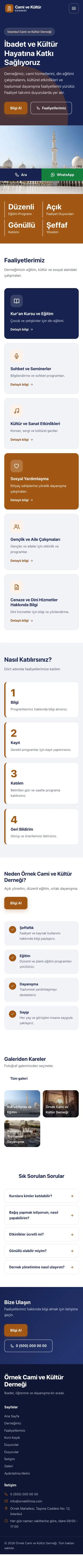 Blok Lacivert Turuncu – Cami ve Kültür Derneği Web Sitesi mobil görünümü