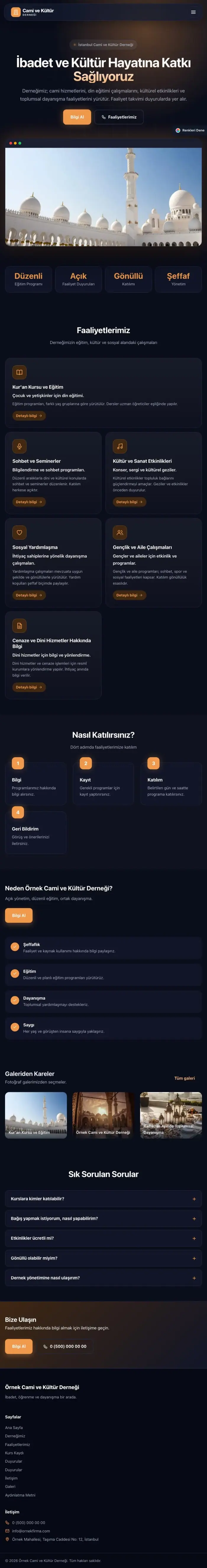 Koyu Modern Lacivert Turuncu – Cami ve Kültür Derneği Web Sitesi tablet görünümü