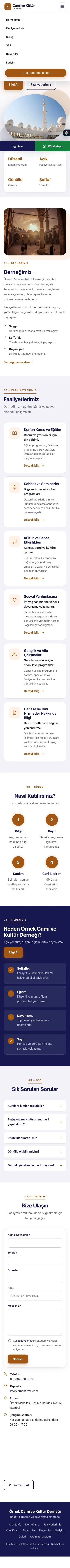 Tek Sayfa Lacivert Turuncu – Cami ve Kültür Derneği Web Sitesi mobil görünümü