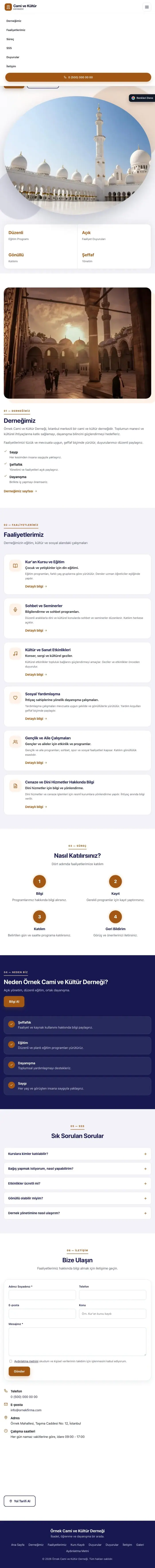 Tek Sayfa Lacivert Turuncu – Cami ve Kültür Derneği Web Sitesi tablet görünümü