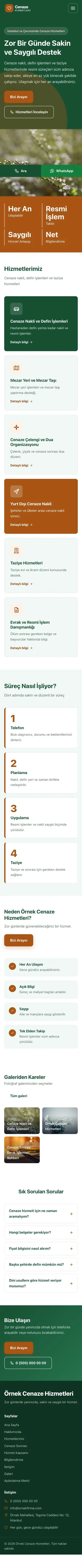 Blok Yeşil Turuncu – Cenaze Hizmetleri Web Sitesi mobil görünümü