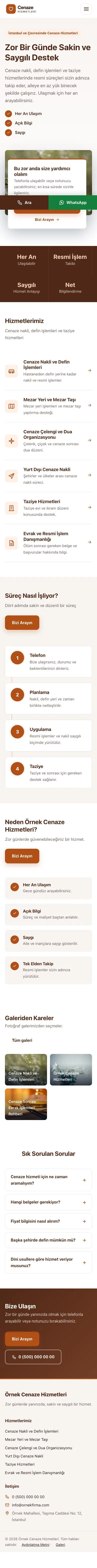 Bölünmüş Kahve Turuncu – Cenaze Hizmetleri Web Sitesi mobil görünümü