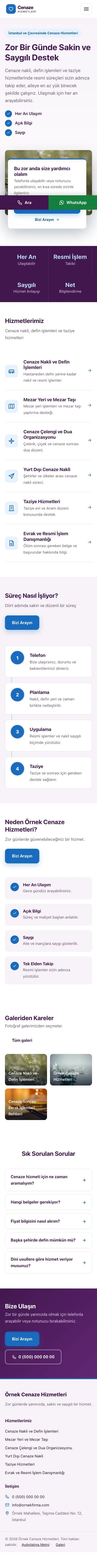 Bölünmüş Mor Mavi – Cenaze Hizmetleri Web Sitesi mobil görünümü