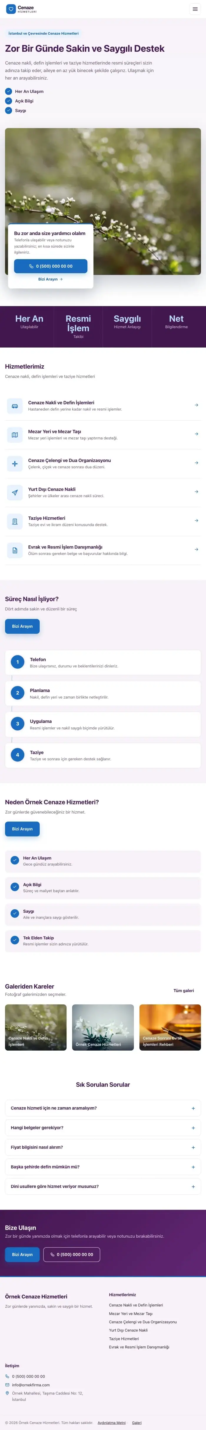Bölünmüş Mor Mavi – Cenaze Hizmetleri Web Sitesi tablet görünümü