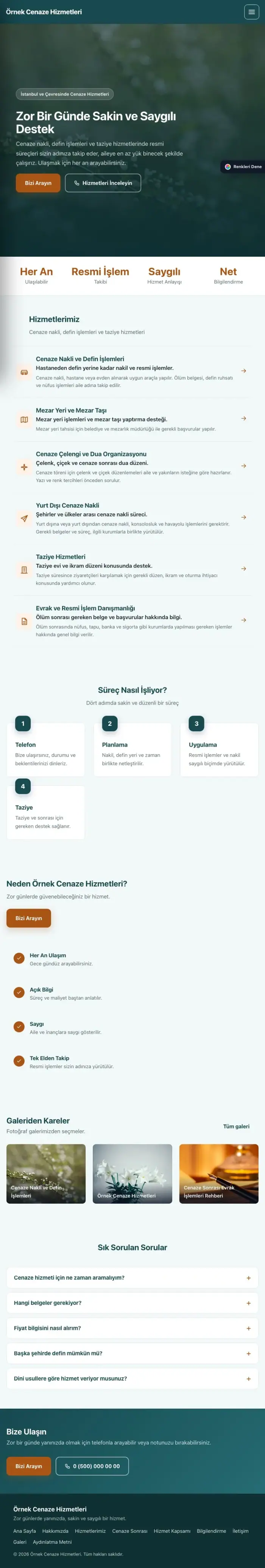 Sol Menü Petrol Turuncu – Cenaze Hizmetleri Web Sitesi tablet görünümü