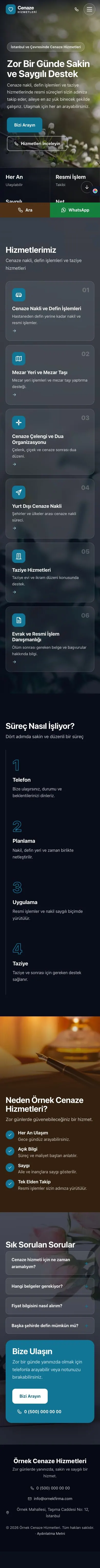 Tam Ekran Kahve Turkuaz – Cenaze Hizmetleri Web Sitesi mobil görünümü