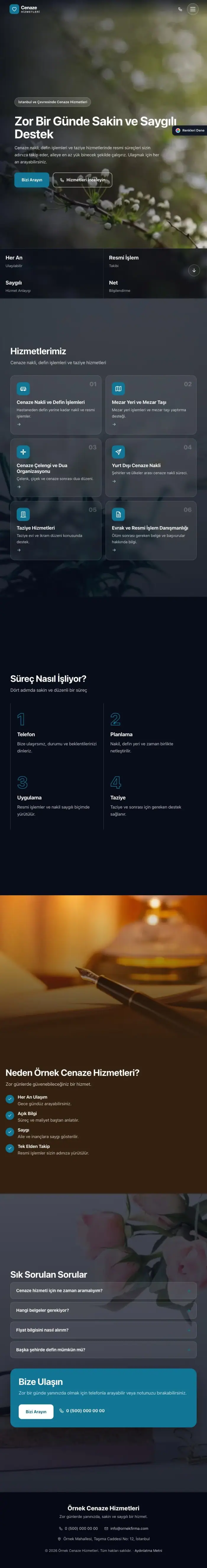 Tam Ekran Kahve Turkuaz – Cenaze Hizmetleri Web Sitesi tablet görünümü