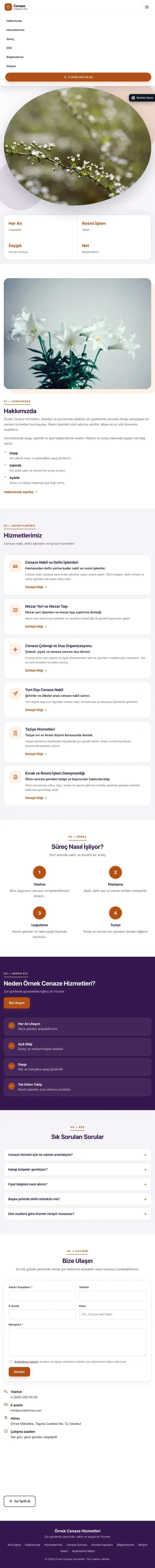 Tek Sayfa Mor Turuncu – Cenaze Hizmetleri Web Sitesi tablet görünümü