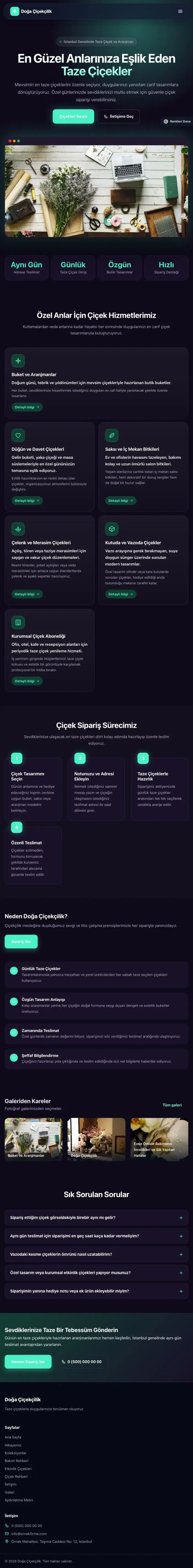 Koyu Modern Mor Turkuaz – Çiçekçi Web Sitesi tablet görünümü