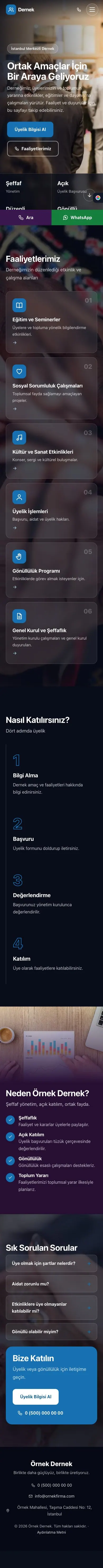 Tam Ekran Mor Mavi – Dernek Web Sitesi mobil görünümü