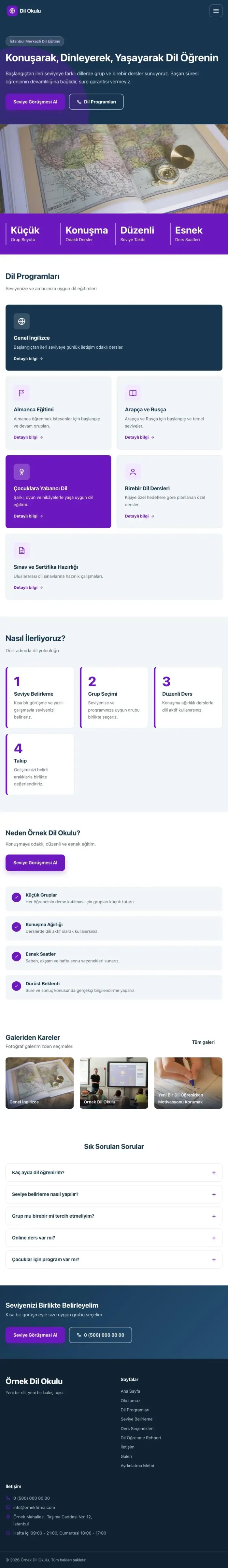 Blok Mavi Mor – Dil Okulu Web Sitesi tablet görünümü