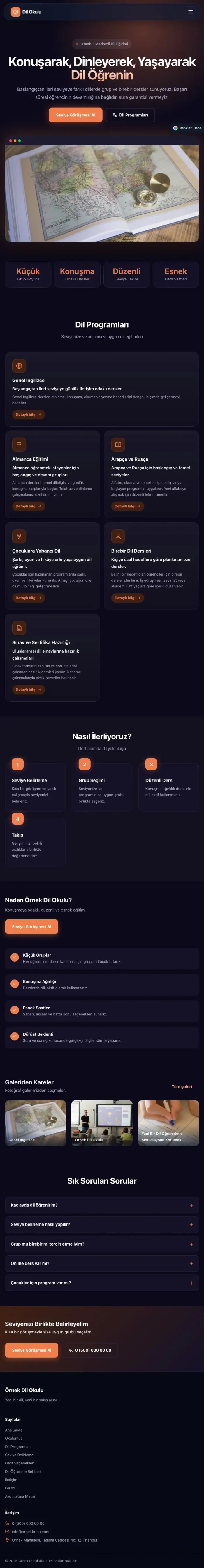 Koyu Modern Lacivert Turuncu – Dil Okulu Web Sitesi tablet görünümü