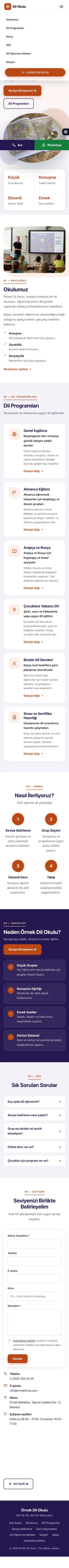 Tek Sayfa Lacivert Turuncu – Dil Okulu Web Sitesi mobil görünümü