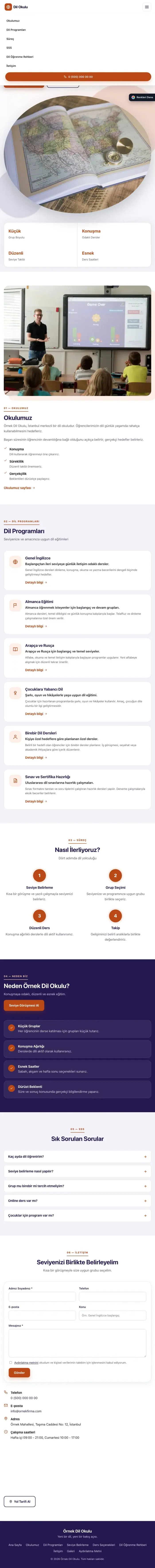 Tek Sayfa Lacivert Turuncu – Dil Okulu Web Sitesi tablet görünümü
