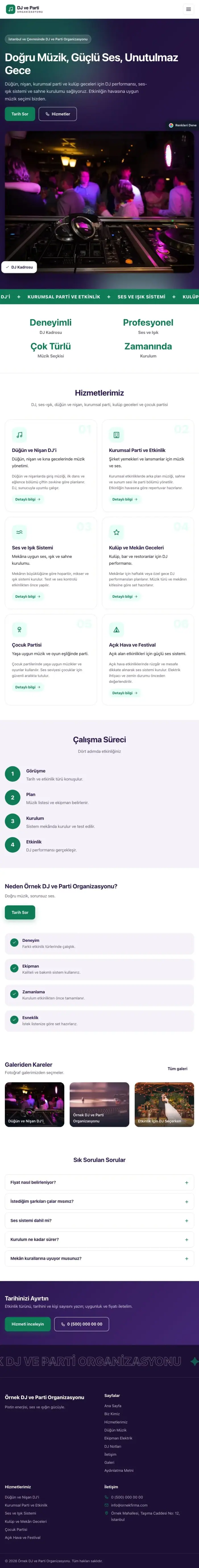 Hareketli Mor Turkuaz – DJ ve Parti Organizasyonu Web Sitesi tablet görünümü