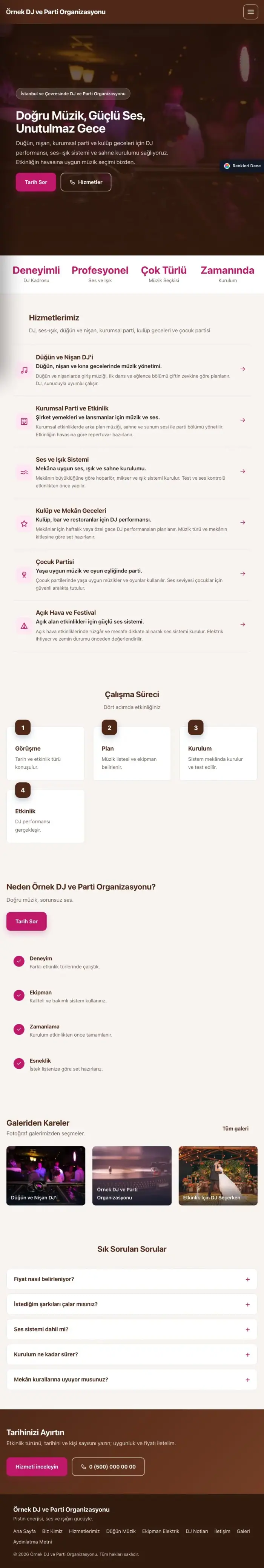 Sol Menü Kahve Pembe – DJ ve Parti Organizasyonu Web Sitesi tablet görünümü