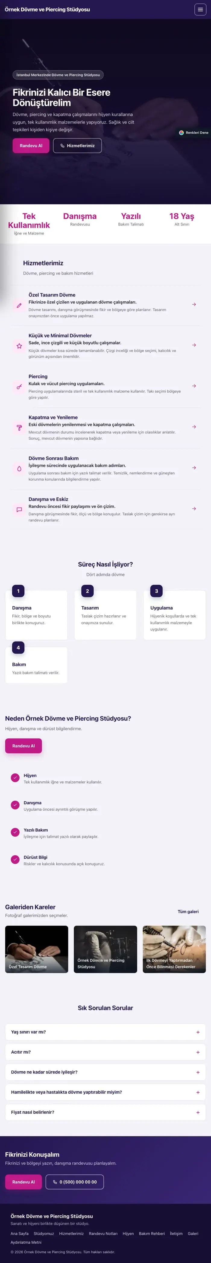Sol Menü Lacivert Pembe – Dövme ve Estetik Web Sitesi tablet görünümü