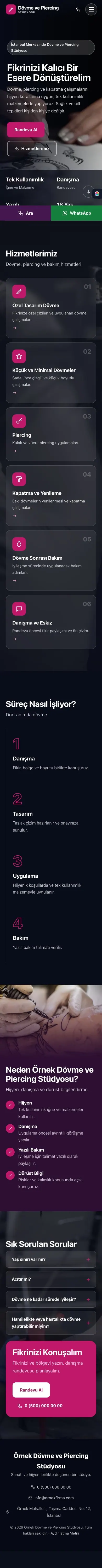 Tam Ekran Mor Pembe – Dövme ve Estetik Web Sitesi mobil görünümü
