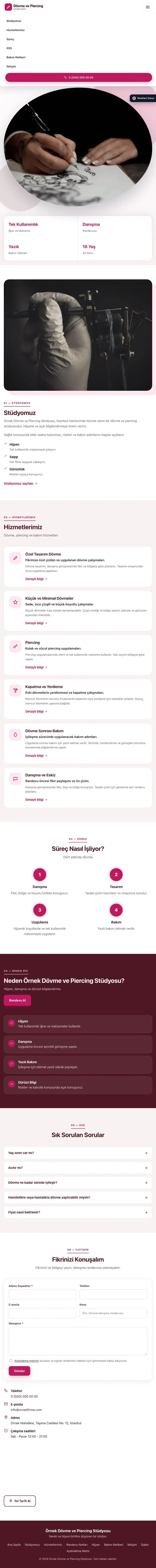Tek Sayfa Bordo Pembe – Dövme ve Estetik Web Sitesi tablet görünümü