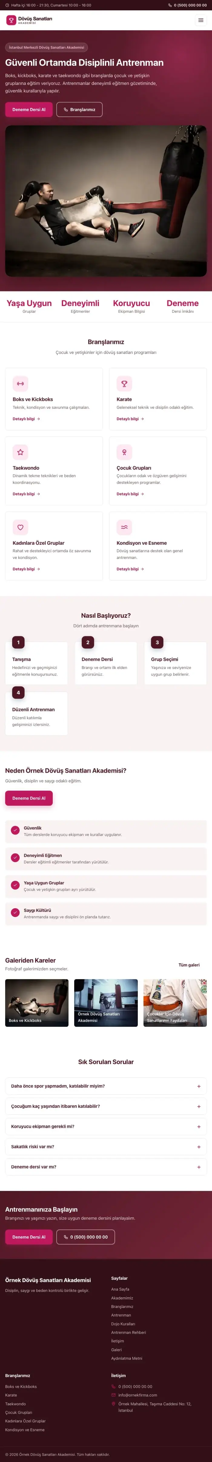 Klasik Bordo Pembe – Dövüş Sanatları ve Spor Okulu Web Sitesi tablet görünümü