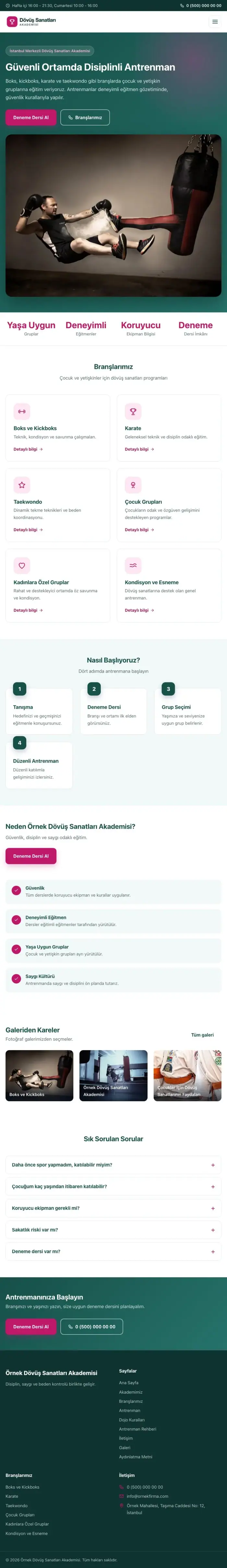 Klasik Petrol Pembe – Dövüş Sanatları ve Spor Okulu Web Sitesi tablet görünümü