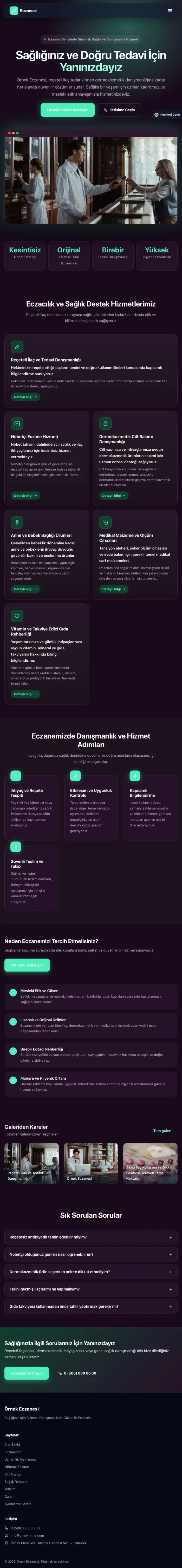 Koyu Modern Mor Turkuaz – Eczane Web Sitesi tablet görünümü