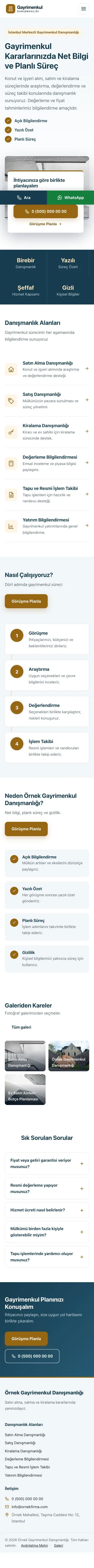Bölünmüş Mavi Turuncu – Emlak Danışmanlığı Web Sitesi mobil görünümü