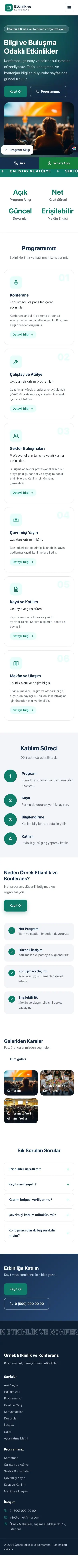 Hareketli Mavi Turkuaz – Etkinlik ve Konferans Web Sitesi mobil görünümü