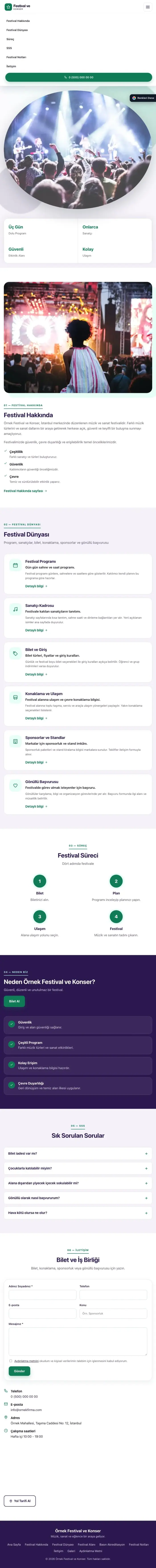 Tek Sayfa Mor Turkuaz – Festival ve Konser Web Sitesi tablet görünümü