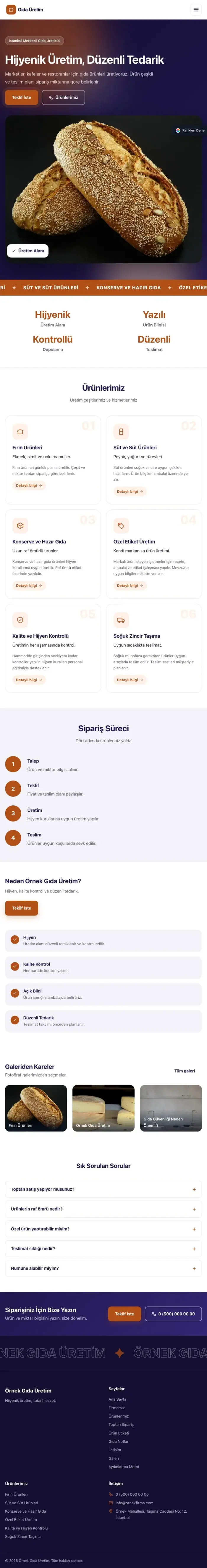 Hareketli Lacivert Turuncu – Gıda Üretimi Web Sitesi tablet görünümü