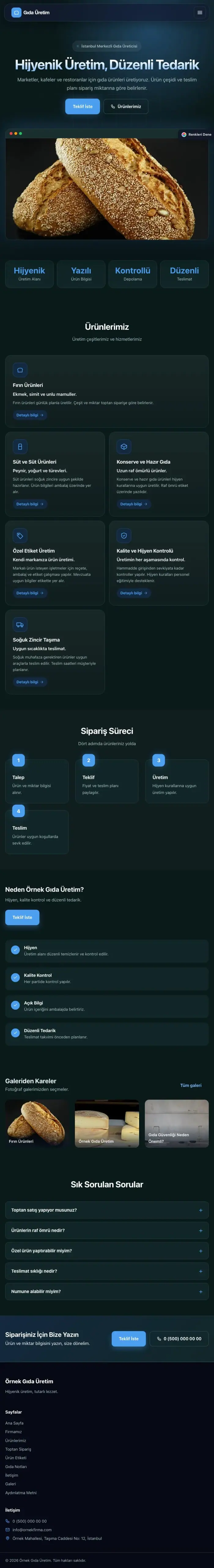 Koyu Modern Petrol Mavi – Gıda Üretimi Web Sitesi tablet görünümü