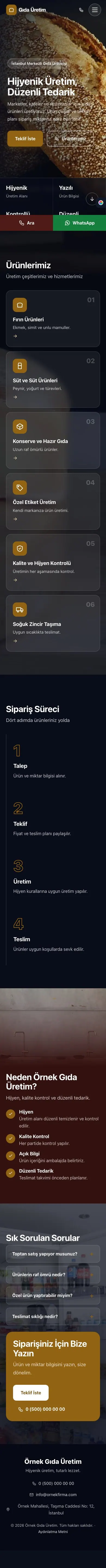 Tam Ekran Bordo Turuncu – Gıda Üretimi Web Sitesi mobil görünümü