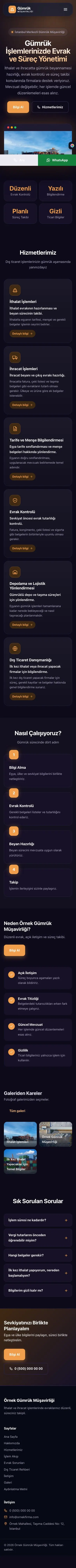 Koyu Modern Lacivert Turuncu – Gümrük Müşavirliği Web Sitesi mobil görünümü