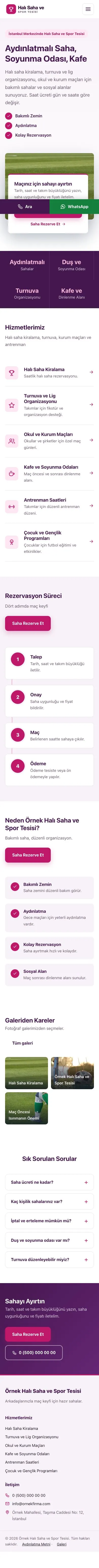 Bölünmüş Mor Pembe – Halı Saha ve Spor Tesisi Web Sitesi mobil görünümü