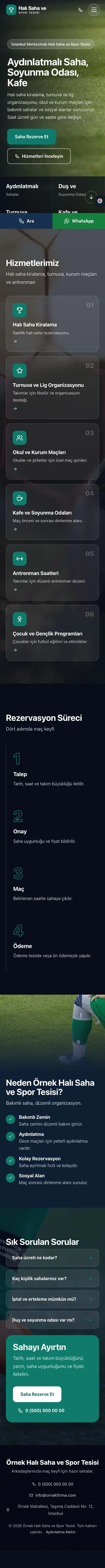 Tam Ekran Mavi Turkuaz – Halı Saha ve Spor Tesisi Web Sitesi mobil görünümü