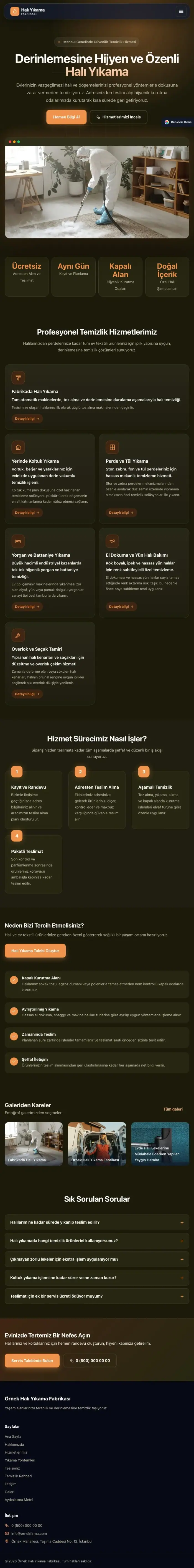 Koyu Modern Zeytin Turuncu – Halı Yıkama Web Sitesi tablet görünümü