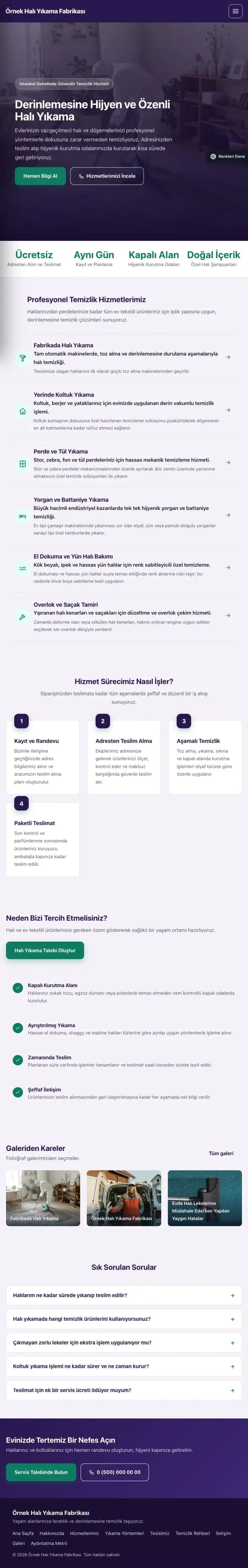 Sol Menü Mor Turkuaz – Halı Yıkama Web Sitesi tablet görünümü