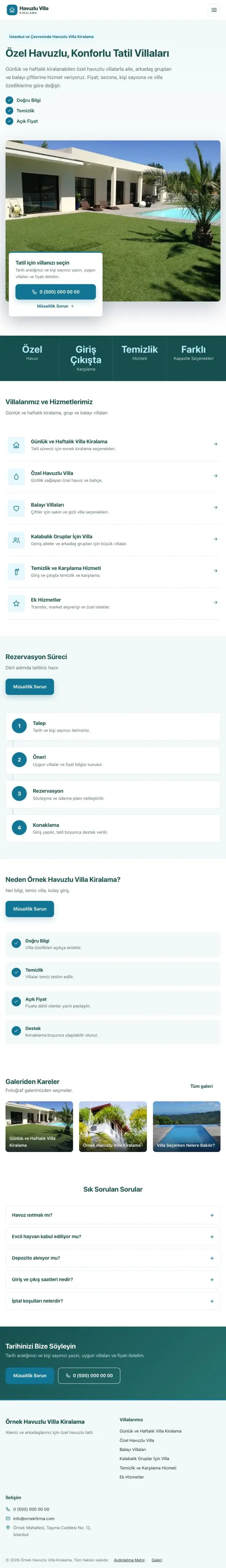 Bölünmüş Petrol Turkuaz – Havuzlu Villa Kiralama Web Sitesi tablet görünümü