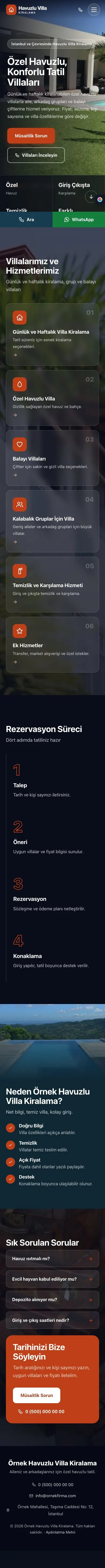 Tam Ekran Mavi Turuncu – Havuzlu Villa Kiralama Web Sitesi mobil görünümü