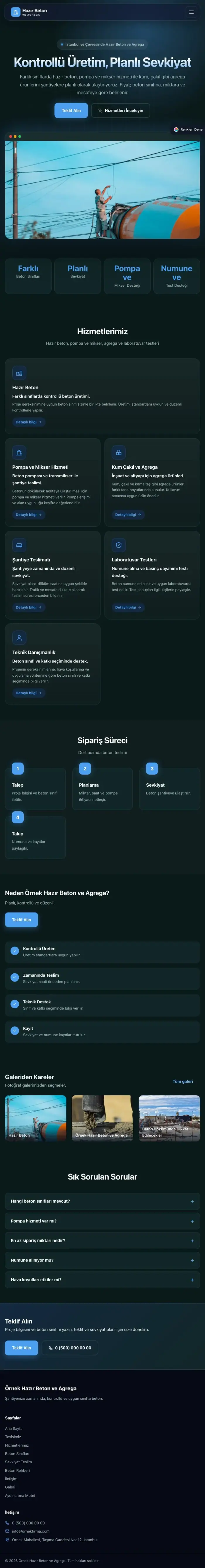 Koyu Modern Petrol Mavi – Hazır Beton ve Agrega Web Sitesi tablet görünümü