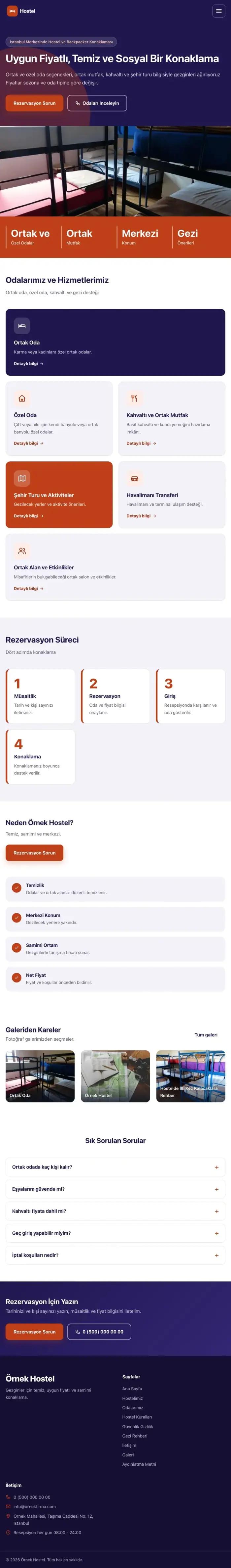 Blok Lacivert Turuncu – Hostel ve Backpacker Web Sitesi tablet görünümü