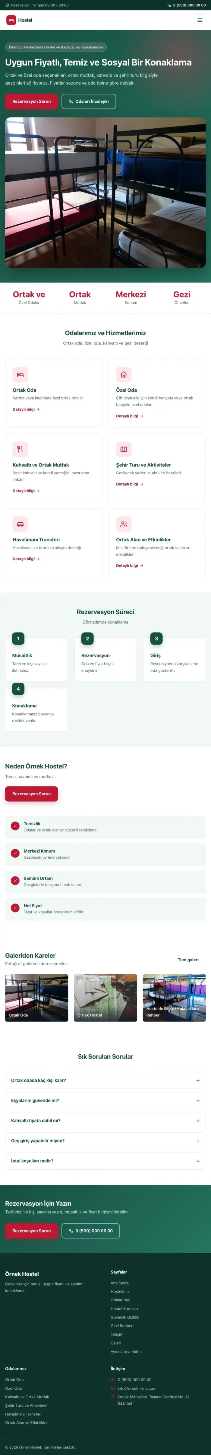 Klasik Petrol Kırmızı – Hostel ve Backpacker Web Sitesi tablet görünümü