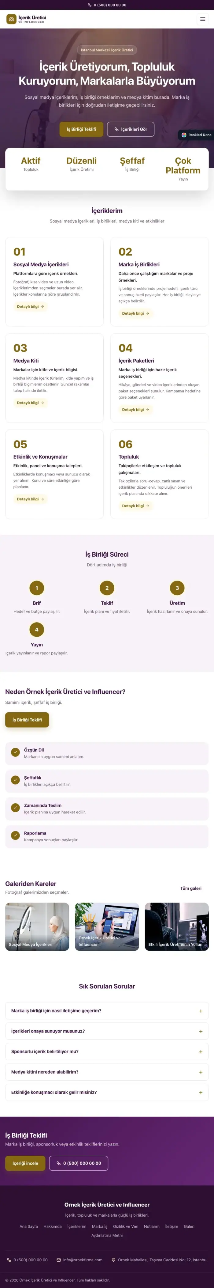 Merkez Mor Amber – İçerik Üretici ve Influencer Web Sitesi tablet görünümü