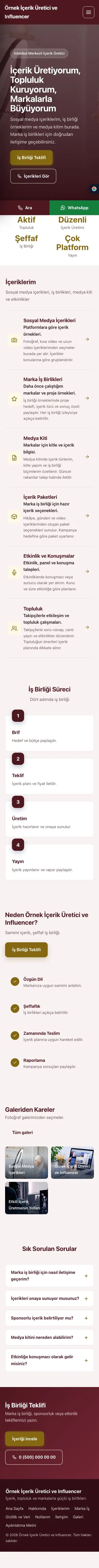 Sol Menü Bordo Amber – İçerik Üretici ve Influencer Web Sitesi mobil görünümü
