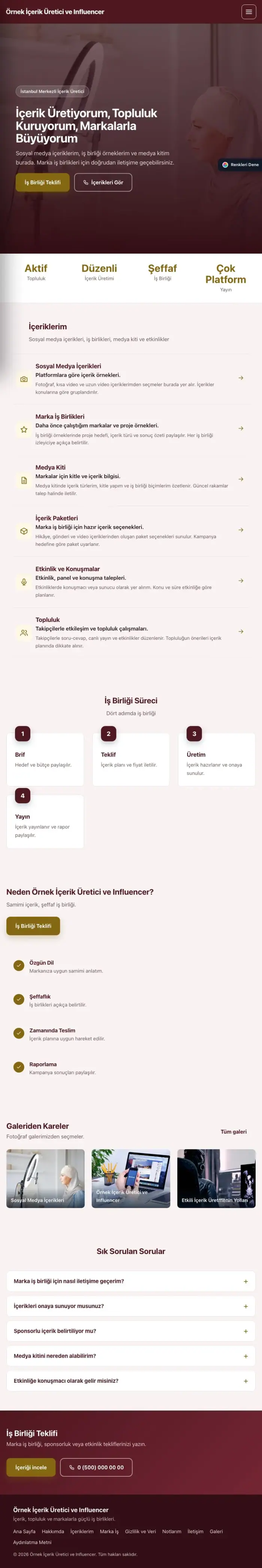 Sol Menü Bordo Amber – İçerik Üretici ve Influencer Web Sitesi tablet görünümü