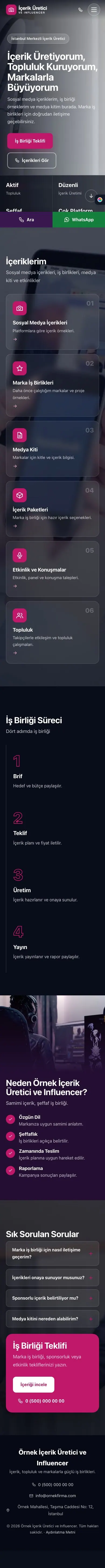 Tam Ekran Mor Pembe – İçerik Üretici ve Influencer Web Sitesi mobil görünümü