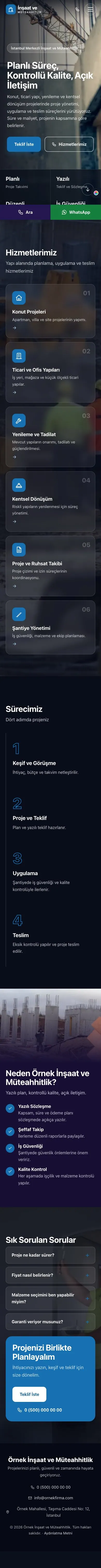 Tam Ekran Lacivert Mavi – İnşaat ve Müteahhit Web Sitesi mobil görünümü