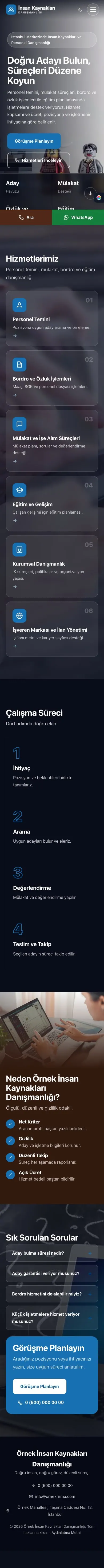 Tam Ekran Kahve Mavi – İnsan Kaynakları ve Personel Danışmanlığı Web Sitesi mobil görünümü