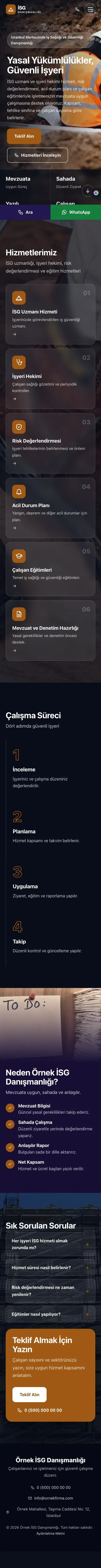 Tam Ekran Lacivert Turuncu – İş Sağlığı ve Güvenliği Danışmanlığı Web Sitesi mobil görünümü