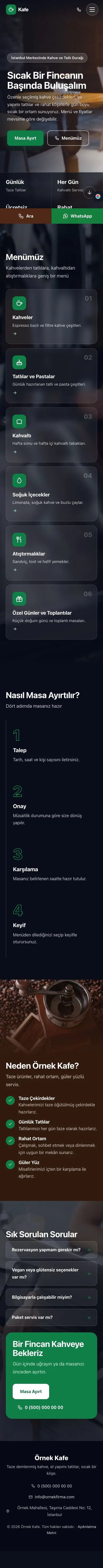 Tam Ekran Kahve Yeşil – Kafe Web Sitesi mobil görünümü